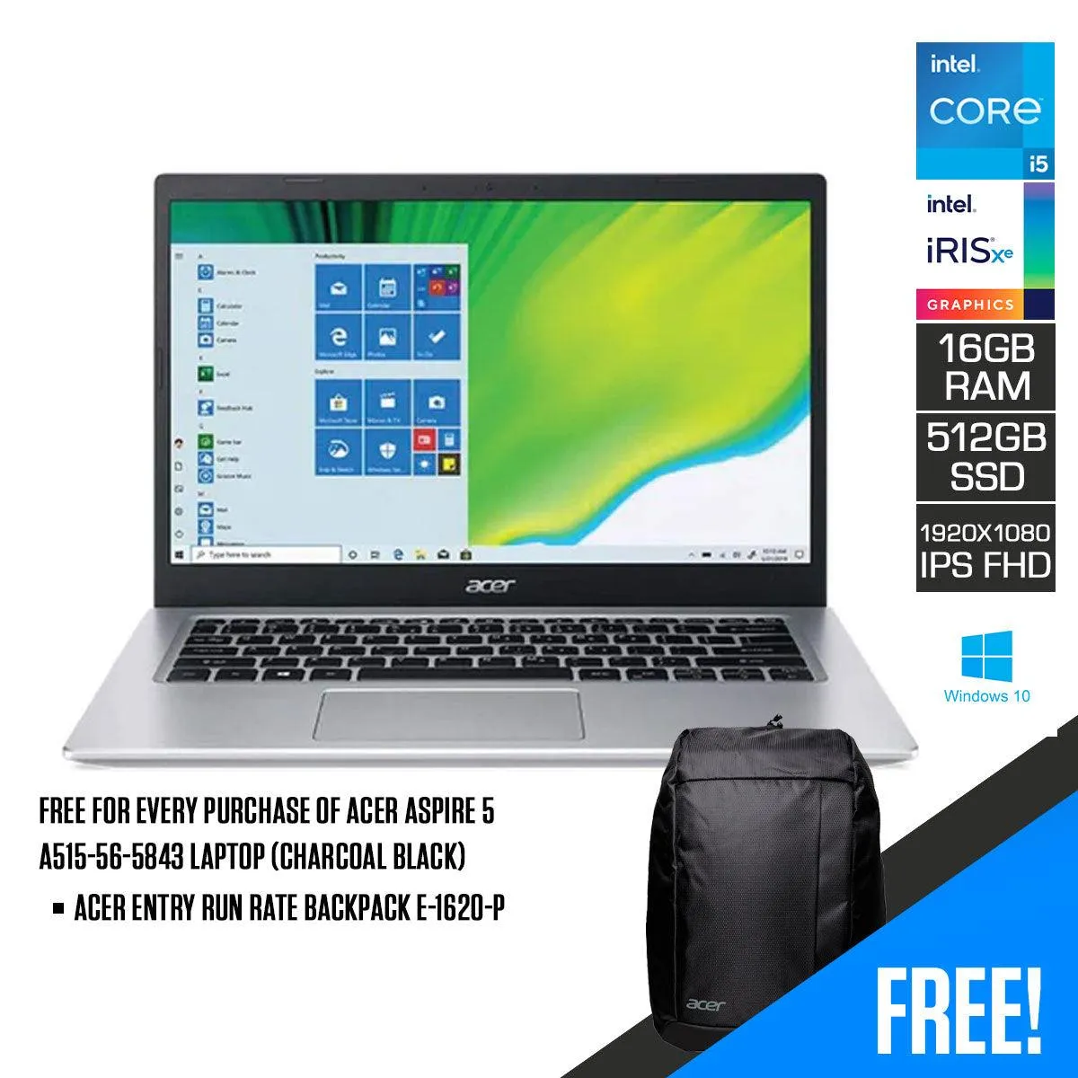 ACER ASPIRE 5 A515-56-5843 Laptop (Charcoal Black) | 15.6" FHD | i5-1135G7 | 8GB LPDDR4 | 512GB SSD | IRIS XE | WIN10 ACER Entry Run Rate Backpack E-1620-P (LZBPKM6B12)