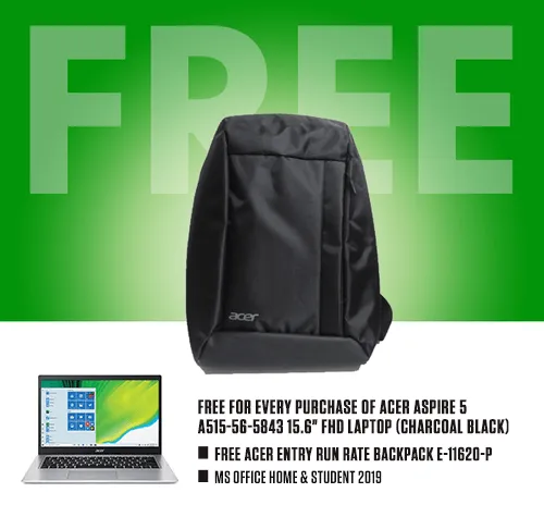 ACER ASPIRE 5 A515-56-5843 Laptop (Charcoal Black) | 15.6" FHD | i5-1135G7 | 8GB LPDDR4 | 512GB SSD | IRIS XE | WIN10 ACER Entry Run Rate Backpack E-1620-P (LZBPKM6B12)