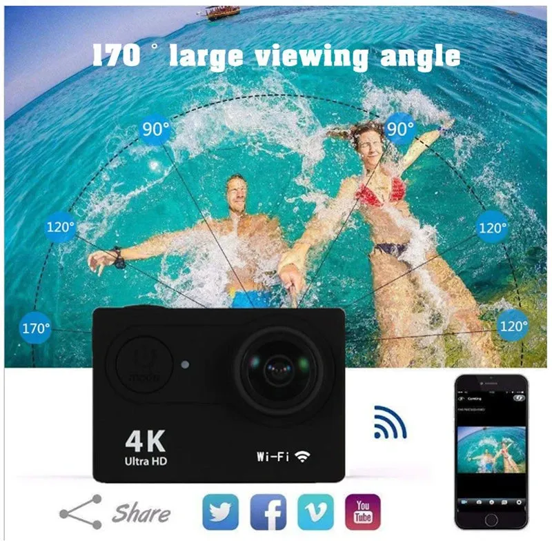 Action Camera Ultra HD 4K/30fps Wi Fi 2.0-inch 170D Underwater Waterproof Helmet Video Recording Cameras Sport Cam