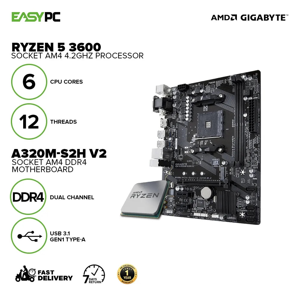 AMD Ryzen 5 3600 Processor   Gigabyte A320M-S2H V2 Motherboard Bundles