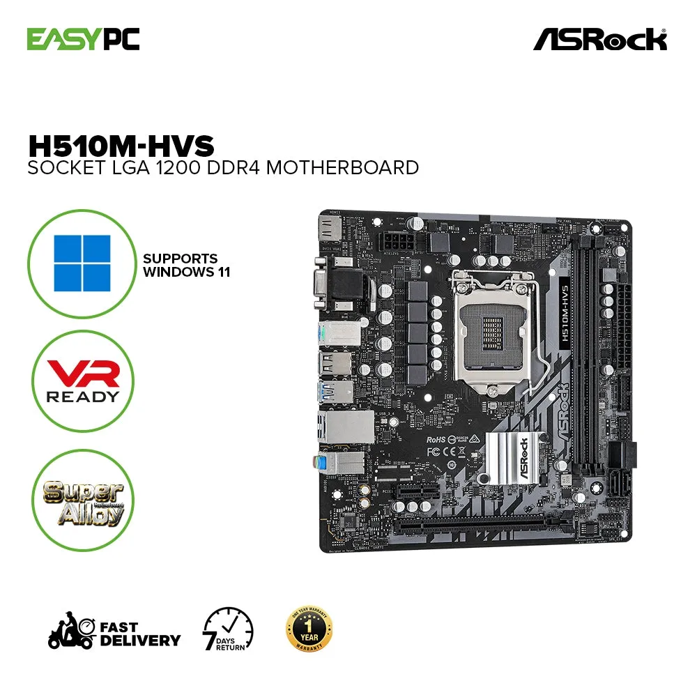 Asrock H510M-HVS Socket LGA 1200, Supports Windows 11, VR Ready, Super Alloy Ddr4 Motherboard