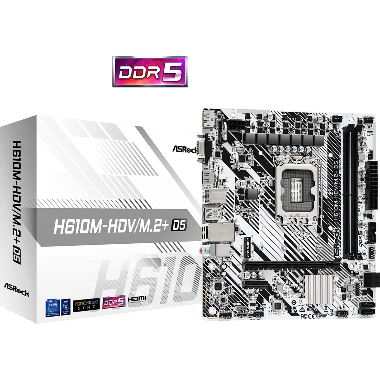 Asrock H610M-HDV/M.2  D5, Intel H610, 1700, Micro ATX, 2 DDR5, VGA, HDMI, DP, PCIe4, 1x M.2