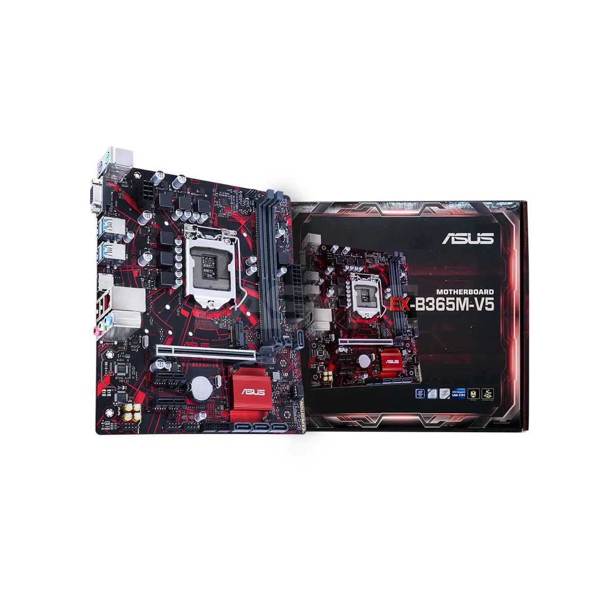 ASUS EX-B365M-V5   Intel B365 LGA 1151 mATX motherboard feature with luminous anti-moisture coating, SafeSlot Core , USBGuard, LANGuard, DDR4 2666MHz, HDMI, D-Sub, SATA 6Gbps and USB 3.2 Gen 1, and 8-pin power connector Motherboard