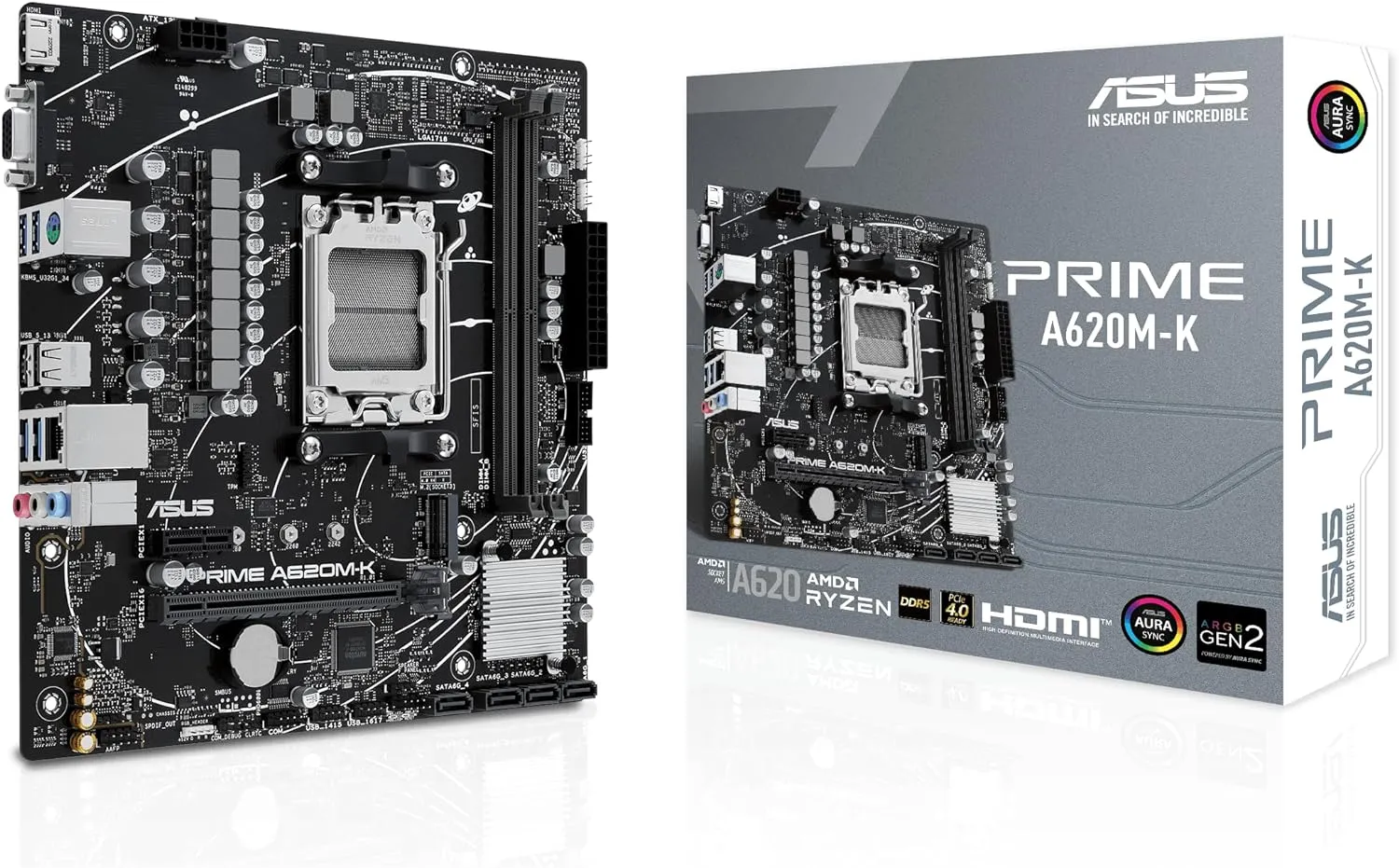 Asus Prime A620M-K Motherboard, AMD A620, AM5, Micro ATX, DDR5, VGA, HDMI, GB LAN, PCIe4, M.2