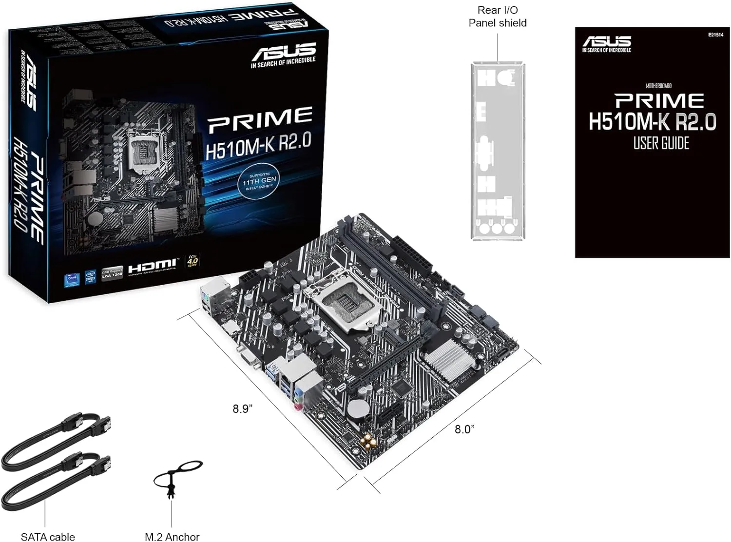 Asus Prime H510M-K R2.0 M-ATX Motherboard, Intel H470, 1200, Micro ATX, DDR4, VGA, HDMI, M.2