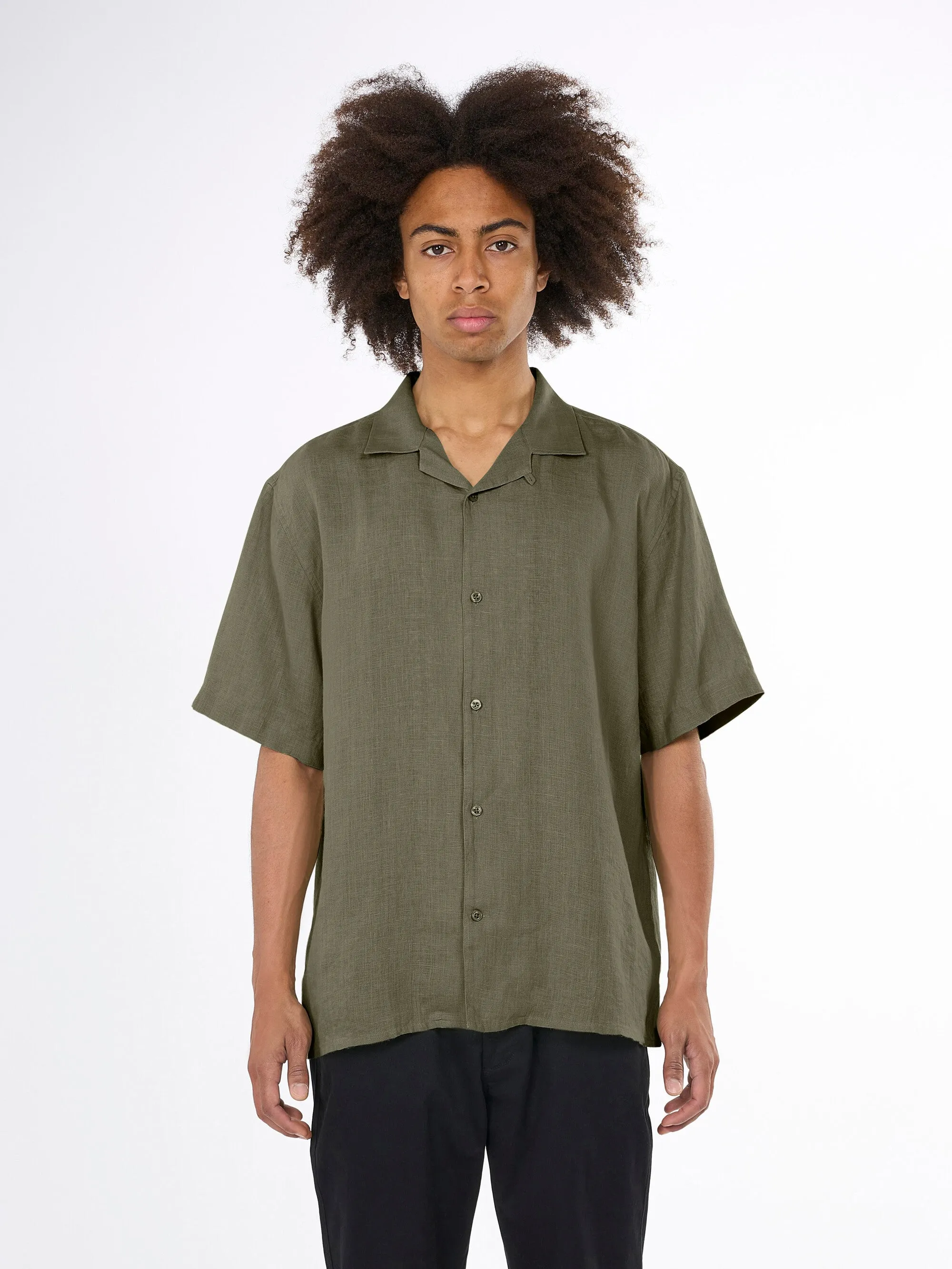 Box fit short sleeved linen shirt - Burned Olive