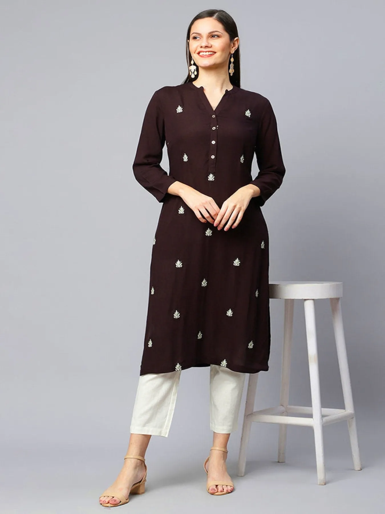 Charcoal Black Embroidered Straight Kurta