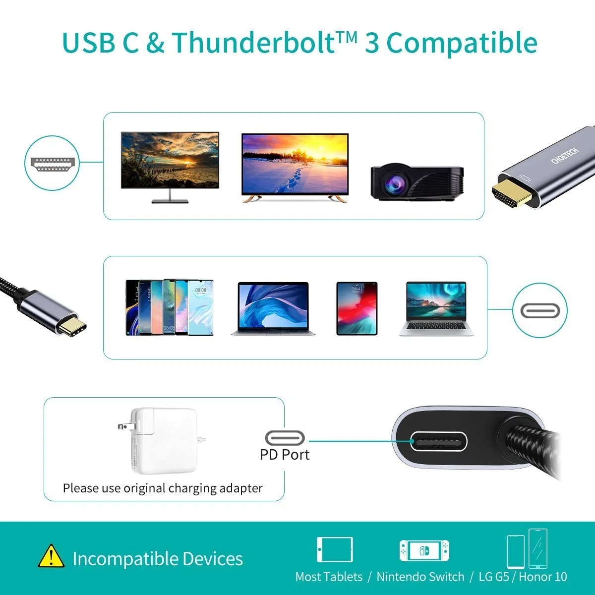 CHOETECH USB Type C To HDMI Cable 60W Power Delivery Charging Port Adapter 6ft