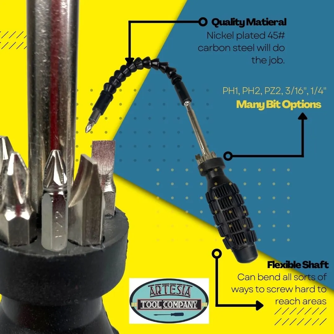 Flexible Neck Screwdriver, 5 Bits in Handle  - PS-92512