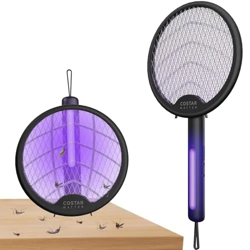 Foldable Swivel Mosquito Racket, 2 in 1 Mosquito Bat USB Rechargeable, Bug Zapper Electric Fly Swatter with UV Light Lamp, Hangable Mosquito Swatter Racket w/Long Lasting Lithium-ion Battery (Black)