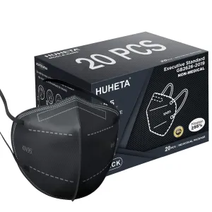 ITEM# 0012   HUHETA KN95 Large Cotton Face Mask 20 Packs, 5 Layer Safety Mask with Elastic Ear Loop and Nose Bridge Clip, Filter Efficiency Over 95%, Protective Masks for Indoor and Outdoor Use (Black Mask)