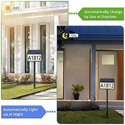 MAXvolador Solar Address Sign Lighted House Numbers Waterproof, Solar Powered LED Illuminated Address Plaques with Stakes, 3-Color in 1 Outdoor Address Number for Home Street Yard Driveway