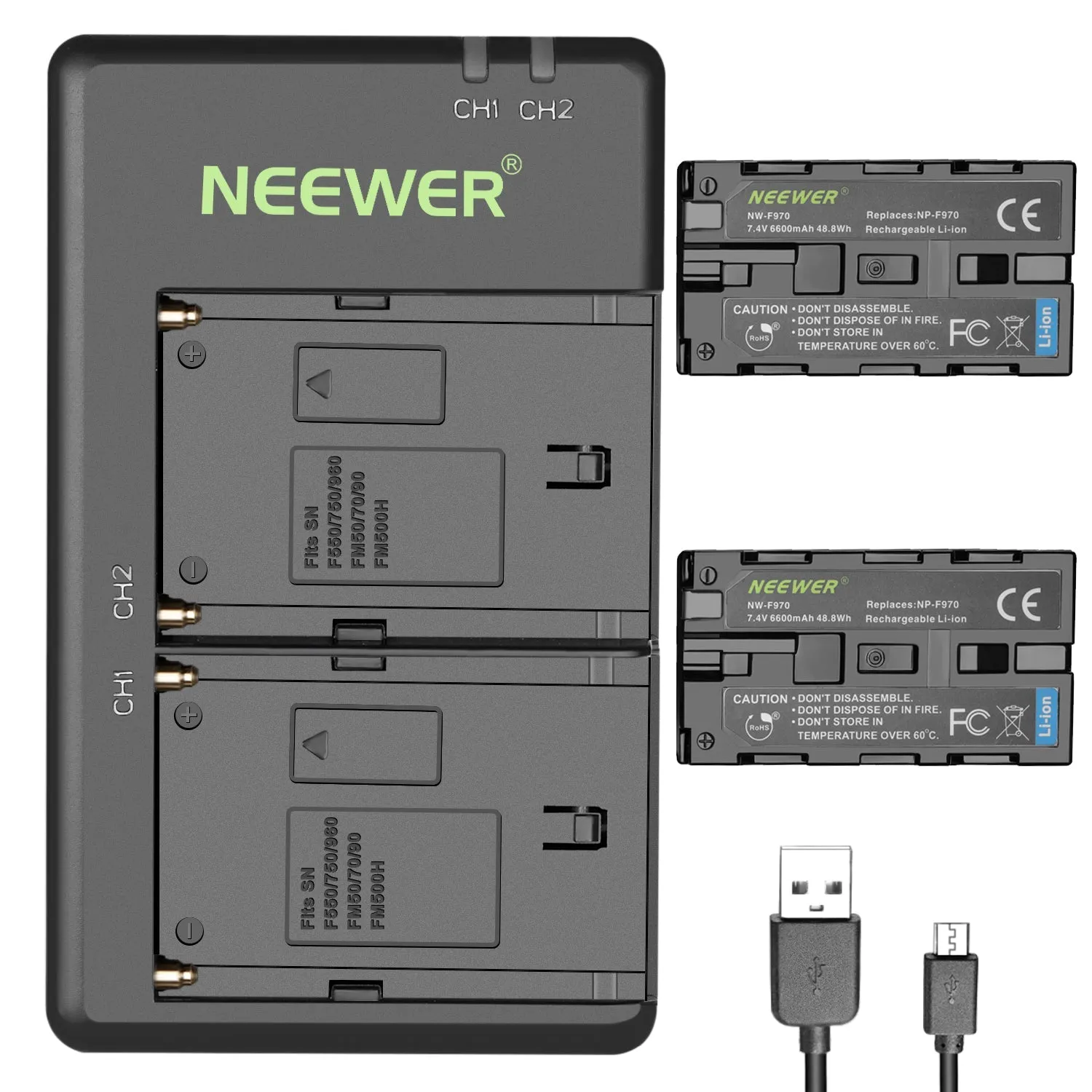 NEEWER 2-Pack NP-F970 6600mAh Li-ion Replacement Battery Set for Sony