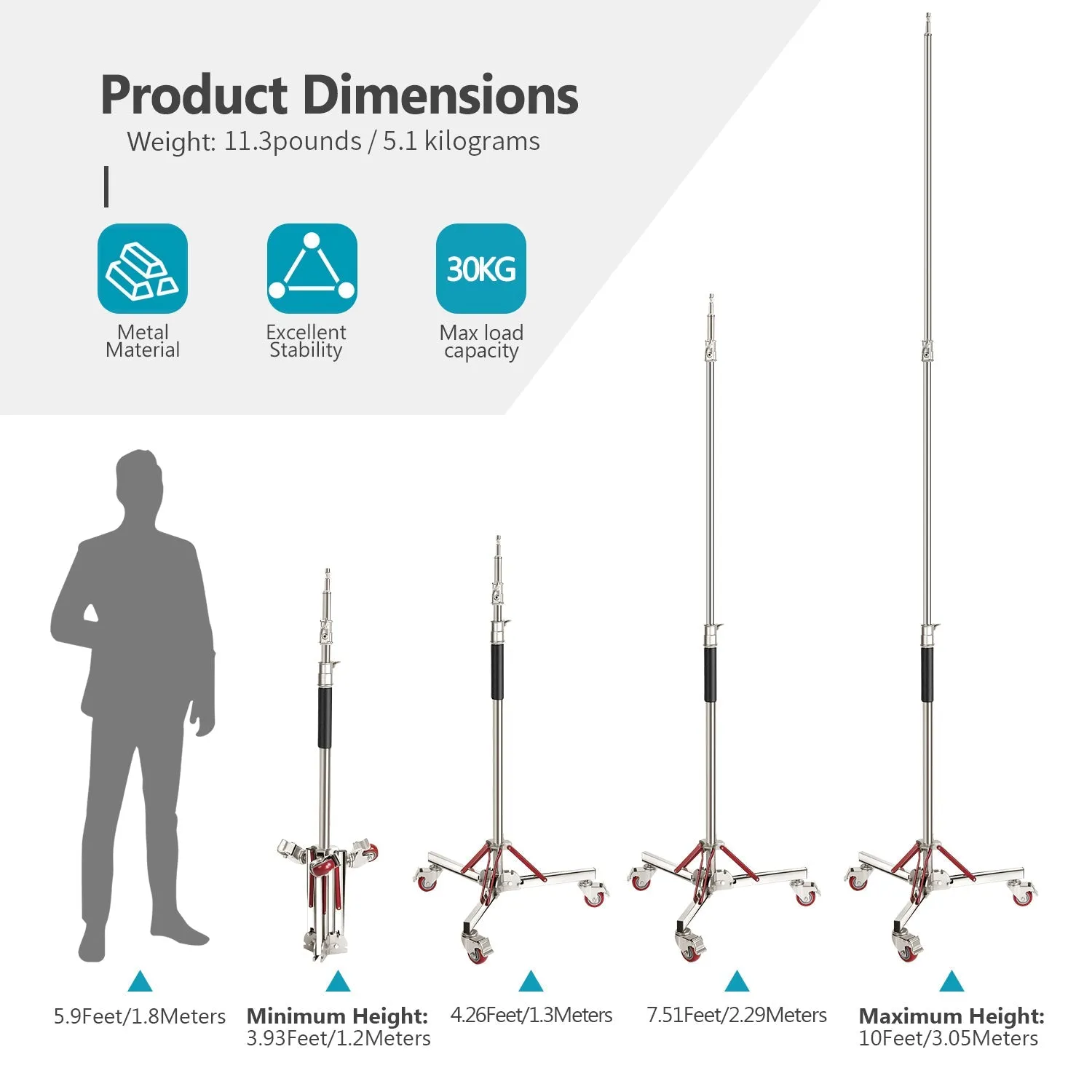 NEEWER 305cm Stainless Steel C Stand Light Stand with Casters