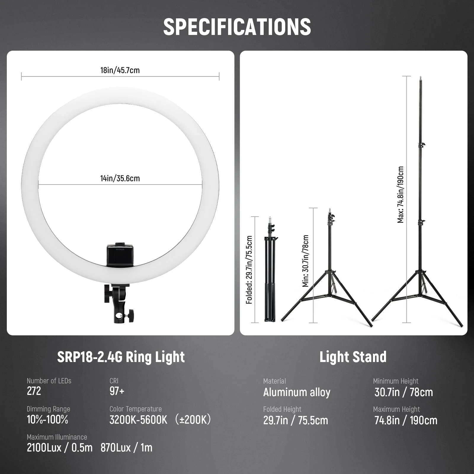 NEEWER SRP18-2.4G 18" 42W LED Ring Light Kit