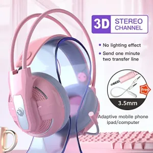 Pink Headset Girls Cute Mobile Phone Computer Game PS Luminous Wired Headset 3D Sterio With Microphone