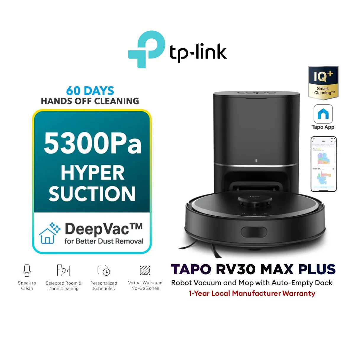 TP-Link Tapo RV30 Max Plus 5300Pa Robot Vacuum Cleaner | LiDAR IMU Dual Navigation | Auto Empty with Dock Dustbin 3L Large Dust Bag